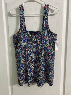 Lands' End Navy Floral Tank with Multicolor Bloom